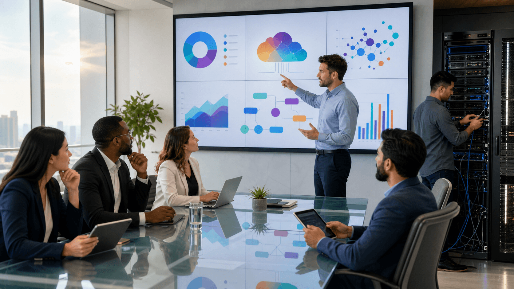 Glowing blue cloud icon above connected team silhouettes and dashboard charts on a dark digital background