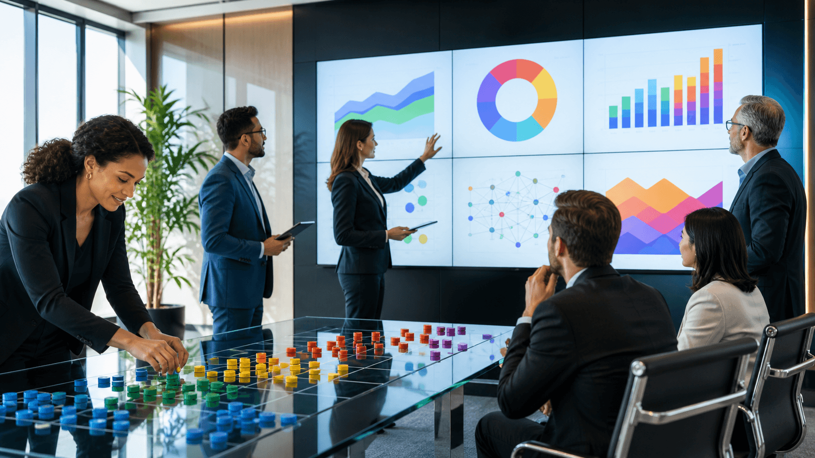 Blue-toned digital workspace with interconnected charts, dashboards, and glowing network lines.