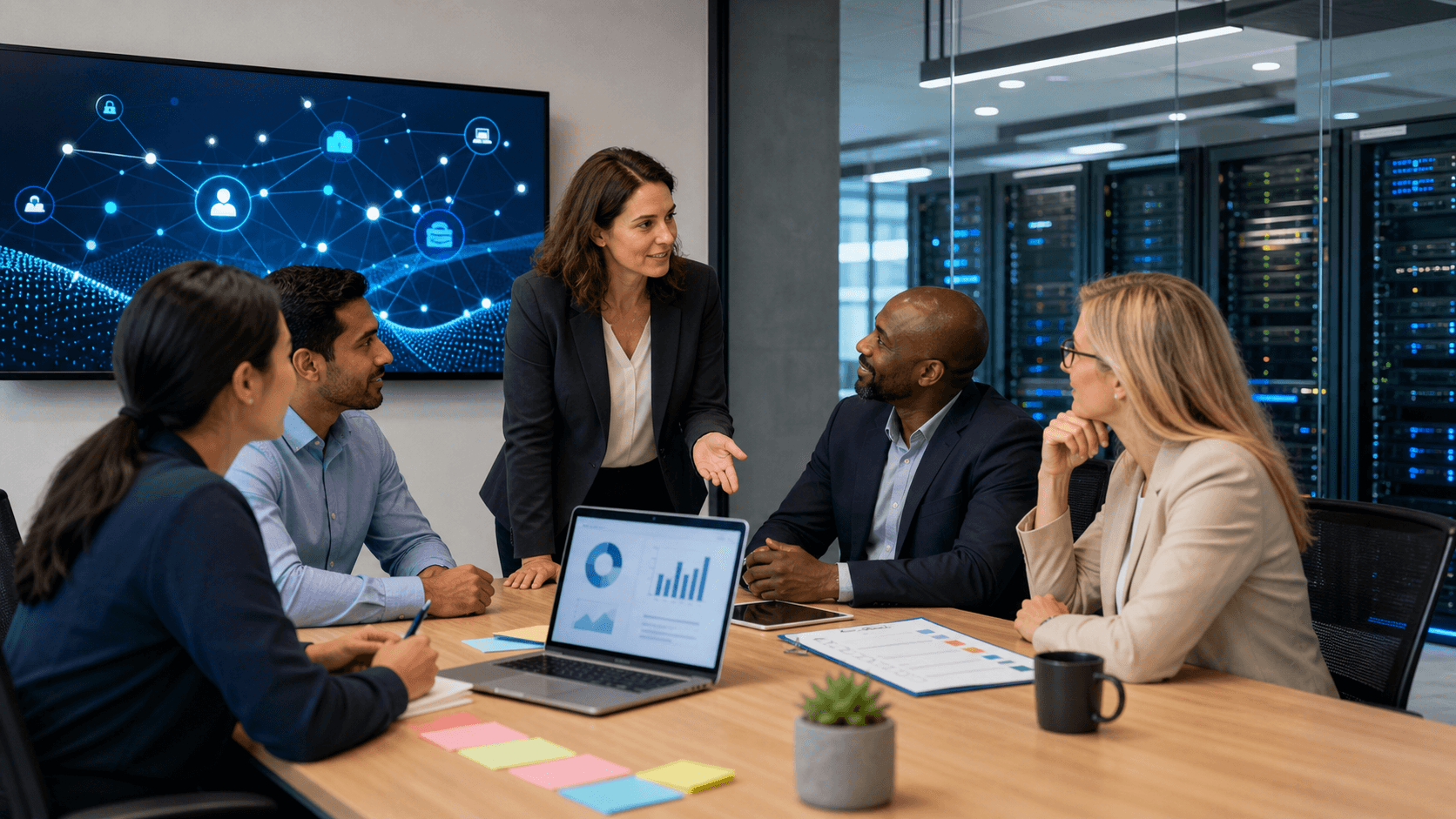 Businesspeople reviewing resumes on a laptop beside charts and a handshake, in a bright blue-toned office scene