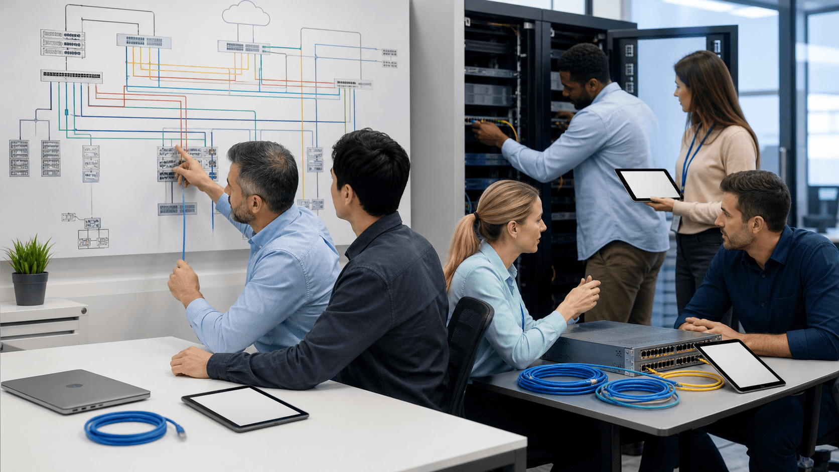 Blue-toned office scene with support agents at monitors and glowing network icons overlaying the workspace