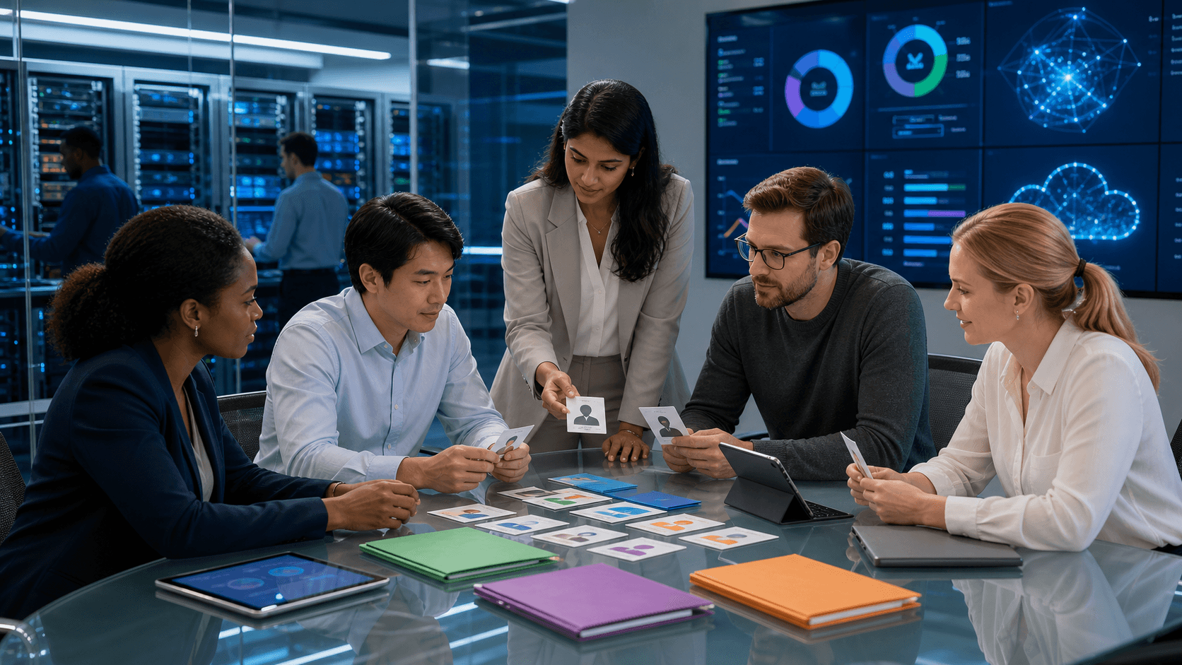 Blue-toned office scene with diverse IT professionals reviewing data on screens around a conference table.