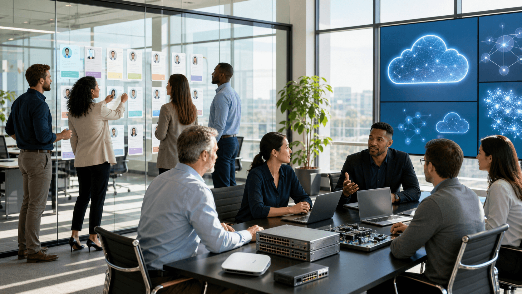 Blue-toned office scene with recruiters reviewing candidate profiles on glowing screens beneath network graphics