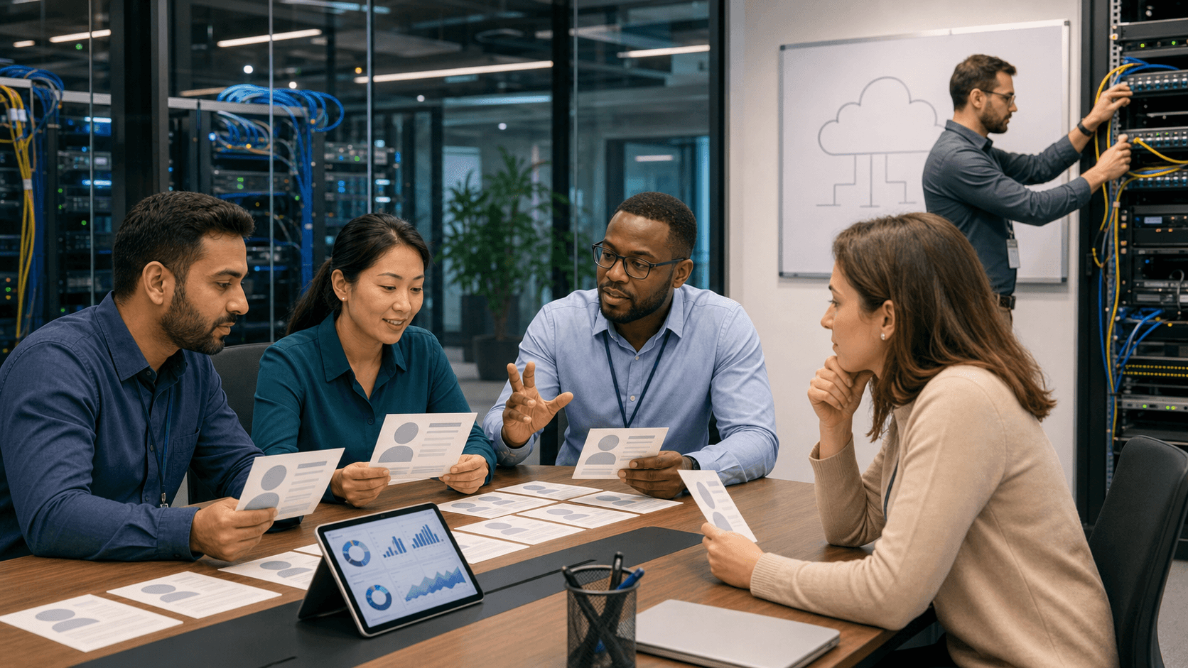 Futuristic office scene with recruiters at laptops, holographic code panels, and blue-purple neon lighting.
