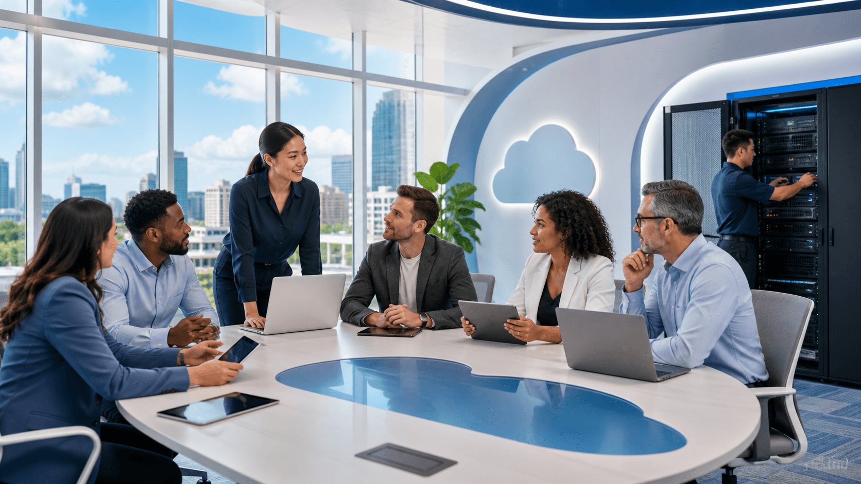Blue-toned office scene with diverse professionals reviewing charts on laptops beneath glowing cloud graphics