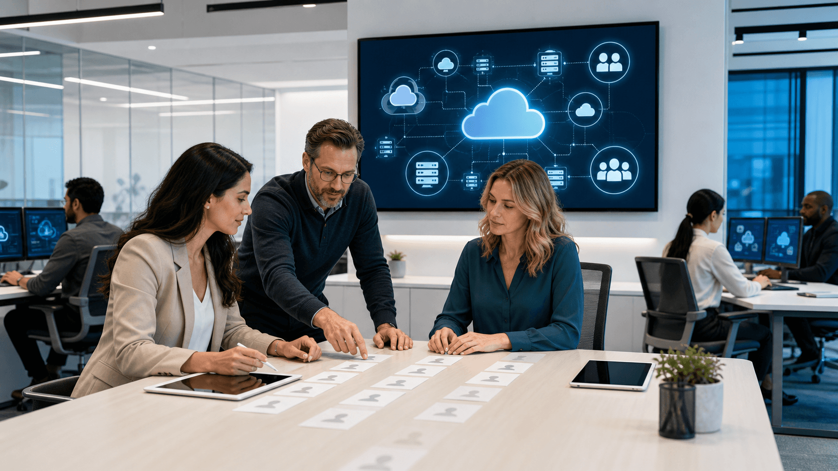 Blue cloud-shaped diagram connecting three hiring models against a clean white background.