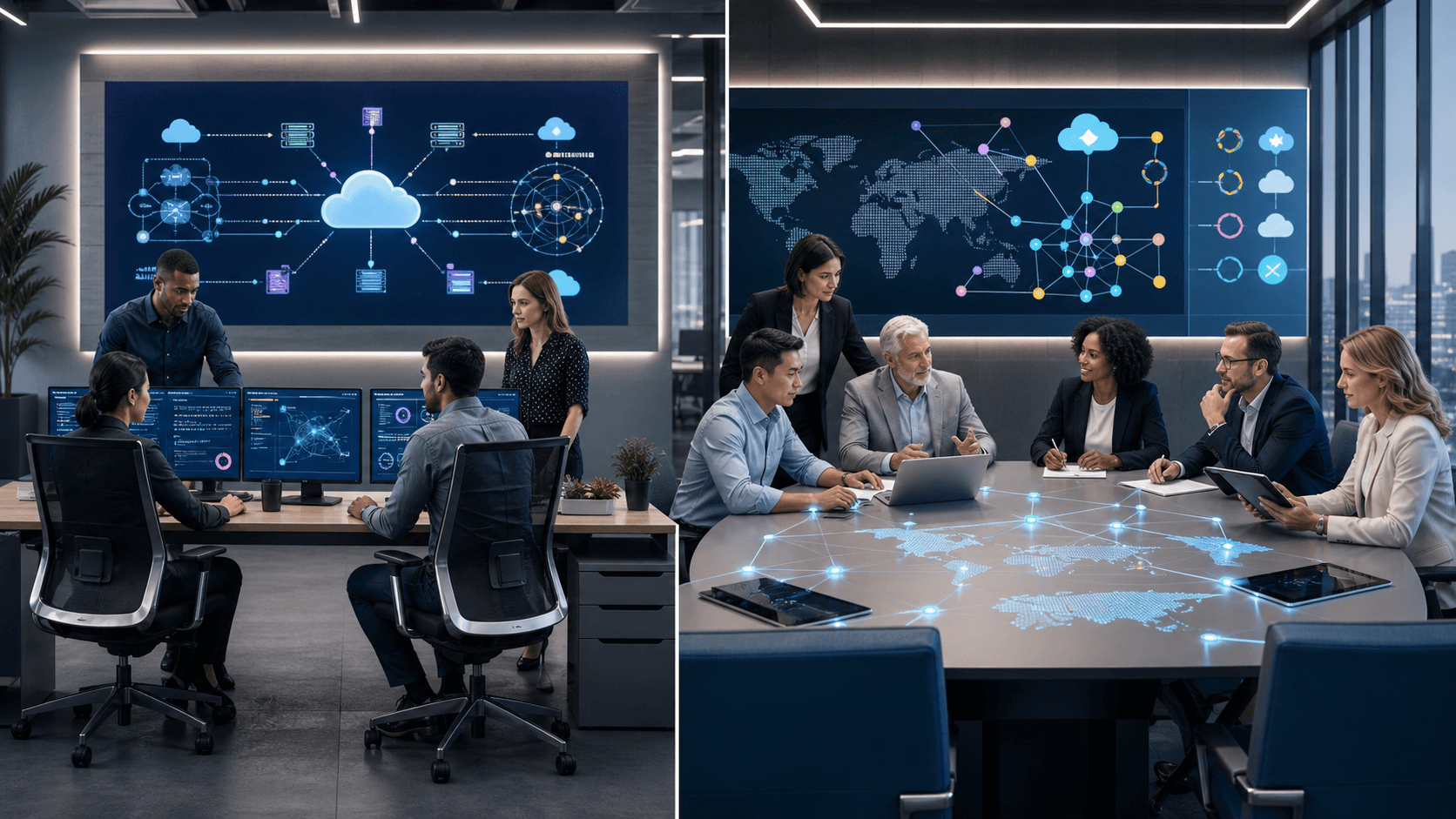 Split-screen illustration of a blue-lit office team and a glowing digital network with connected icons.