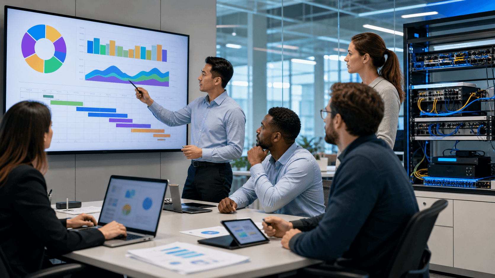 Futuristic office scene with a glowing blue workforce chart on a laptop, diverse team silhouettes and network lines.