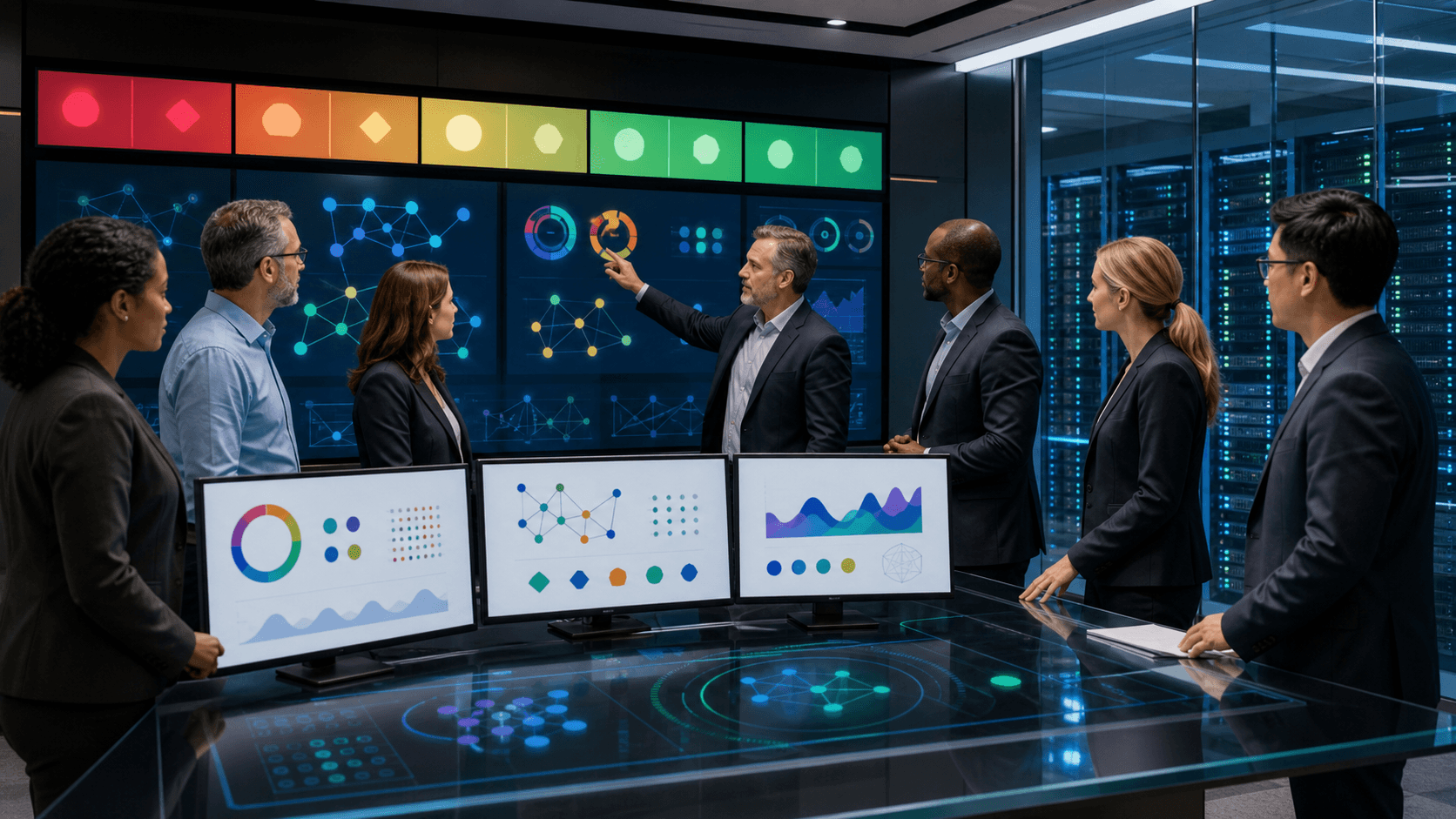 Dark blue boardroom scene with glowing KPI dashboards, contract papers, and a central war room table.