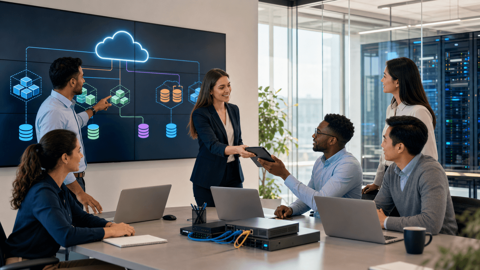Silhouetted professionals link glowing network nodes to a blue cloud icon on a dark, futuristic digital backdrop.